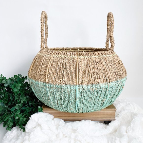 Other - Large Woven Basket with Moveable Handles For Storage Dip Dyed Teal